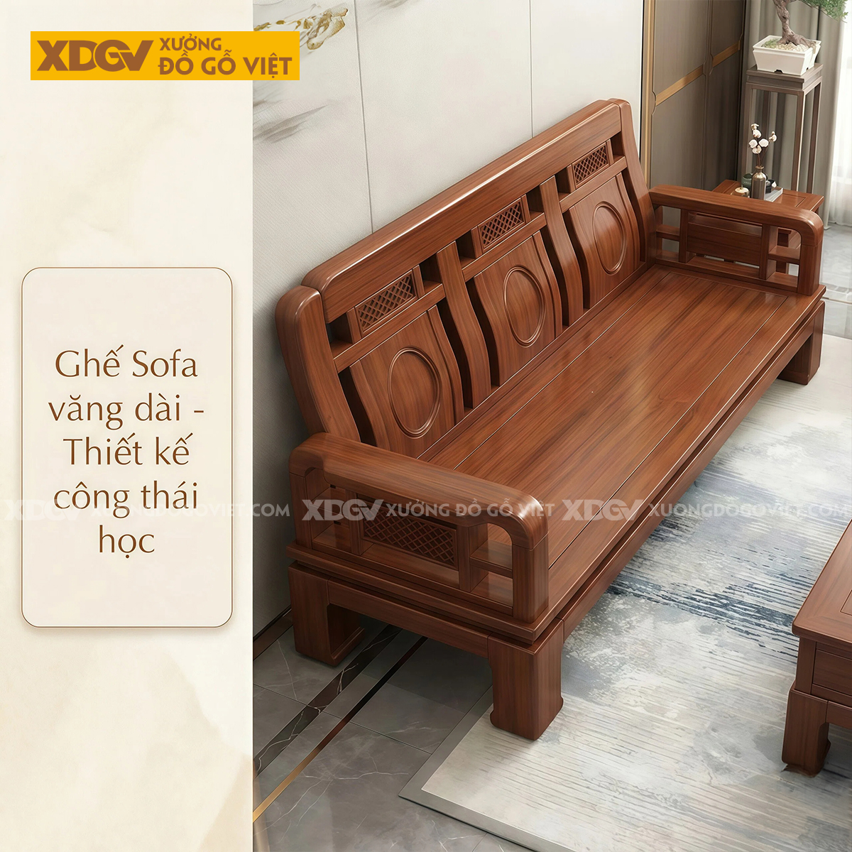 Sofa Gỗ Gõ Đỏ Lưng Cong Chạm Vòng Tròn Zen Hiện Đại