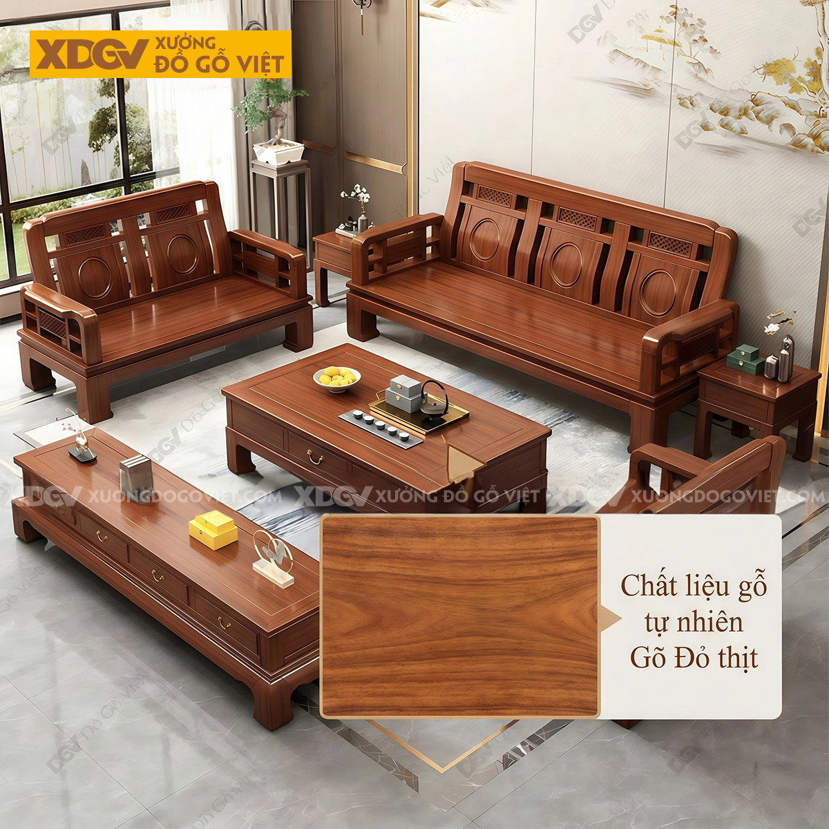 Sofa Gỗ Gõ Đỏ Lưng Cong Chạm Vòng Tròn Zen Hiện Đại