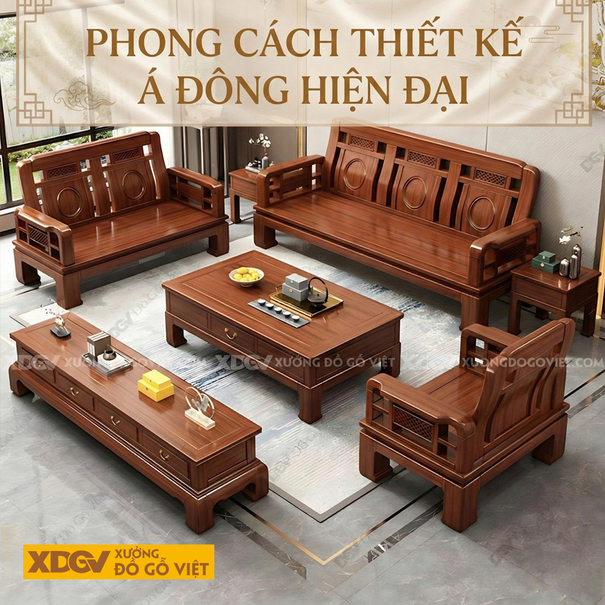 Sofa Gỗ Gõ Đỏ Lưng Cong Chạm Vòng Tròn Zen Hiện Đại