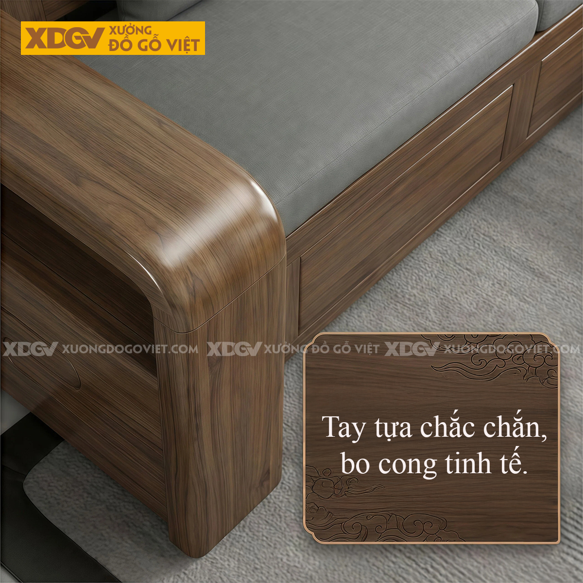 Sofa Gỗ Óc Chó 2 Văng Tay Bo Dày Nguyên Khối Tân Cổ Điển