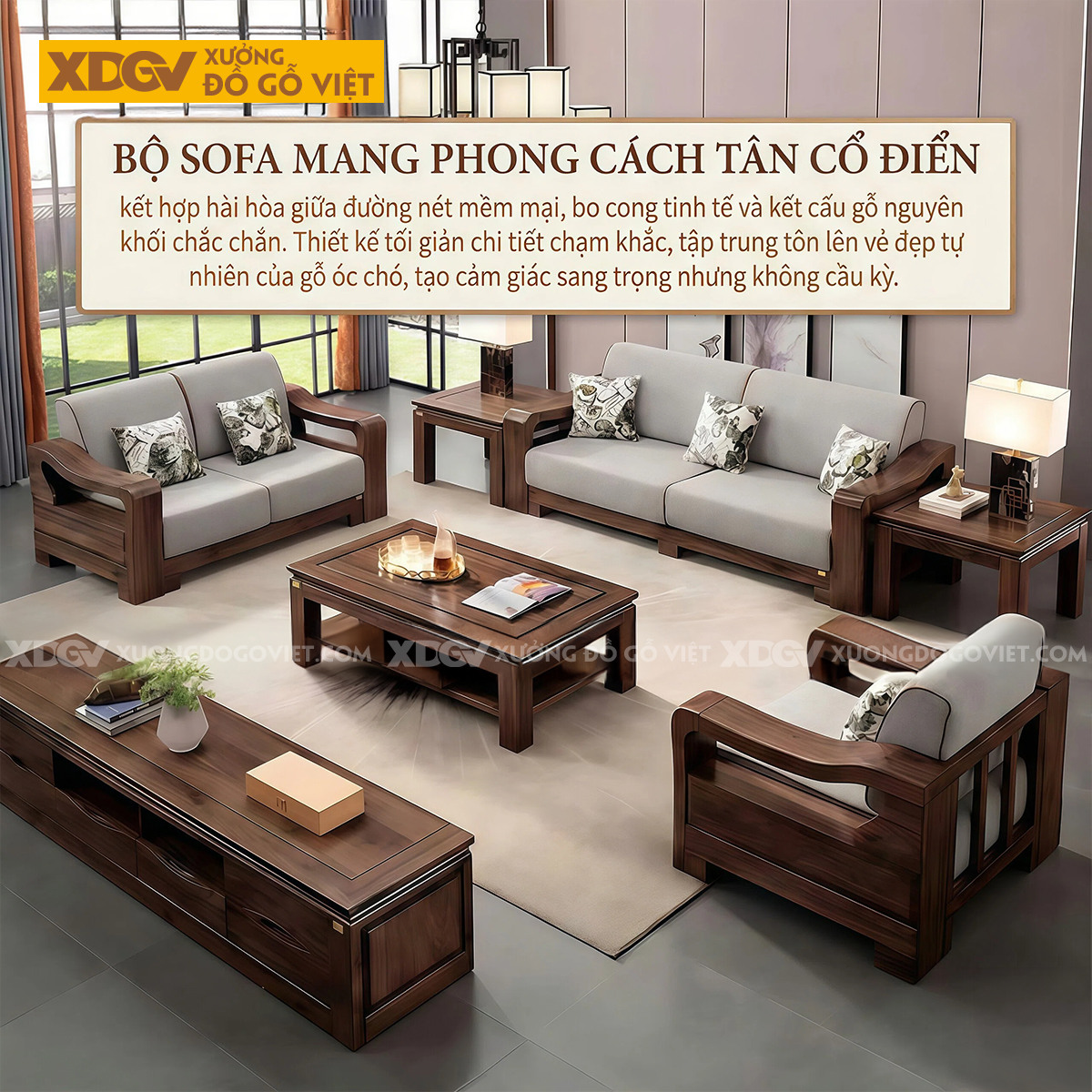 Sofa Gỗ Óc Chó 2 Văng Tay Bo Dày Nguyên Khối Tân Cổ Điển
