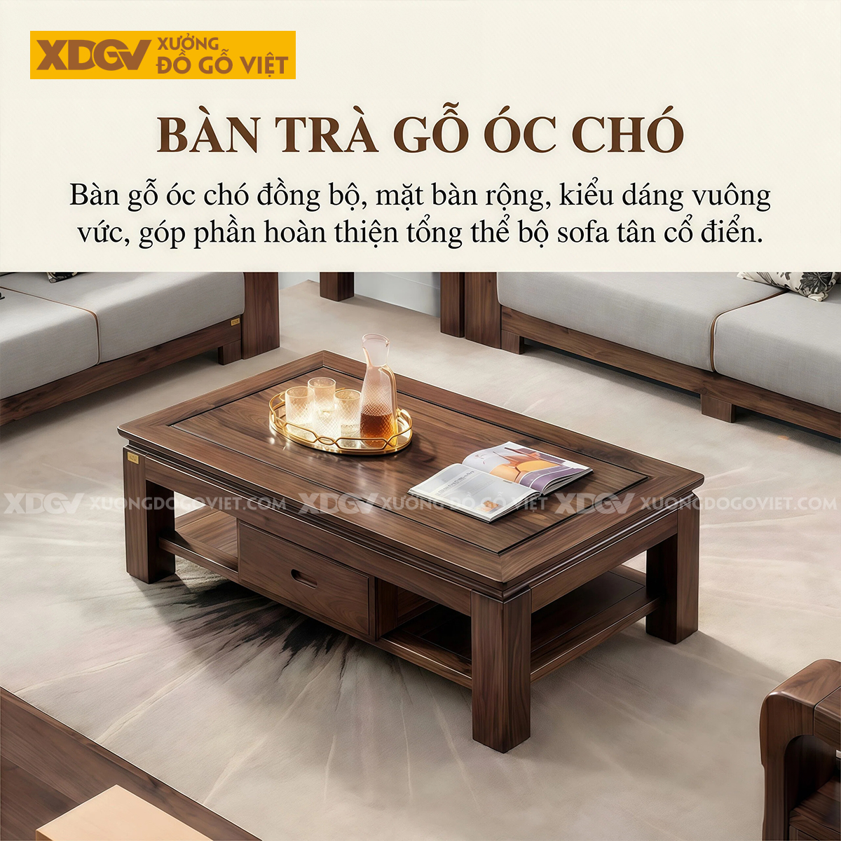 Sofa Gỗ Óc Chó 2 Văng Tay Bo Dày Nguyên Khối Tân Cổ Điển