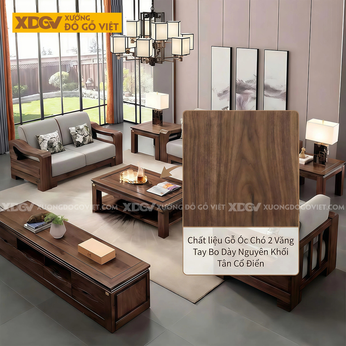 Sofa Gỗ Óc Chó 2 Văng Tay Bo Dày Nguyên Khối Tân Cổ Điển