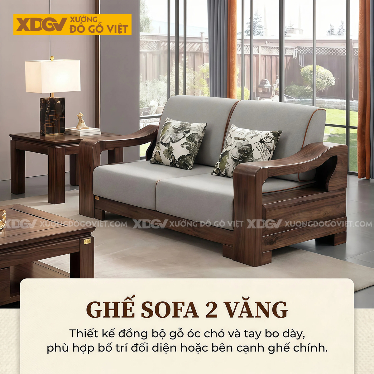 Sofa Gỗ Óc Chó 2 Văng Tay Bo Dày Nguyên Khối Tân Cổ Điển