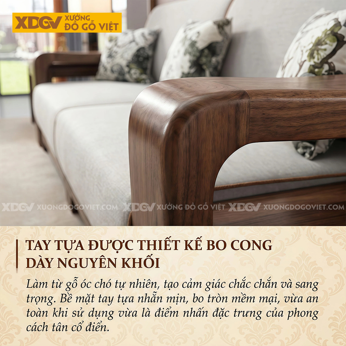 Sofa Gỗ Óc Chó 2 Văng Tay Bo Dày Nguyên Khối Tân Cổ Điển