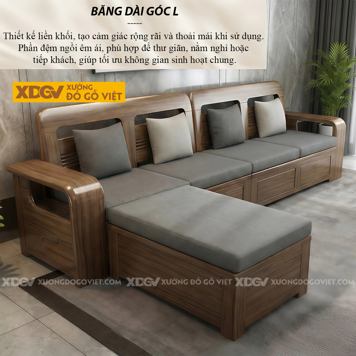 Sofa Gỗ Sồi 4 Món Tay Bo Góc L Cho Nhà Phố Chung Cư