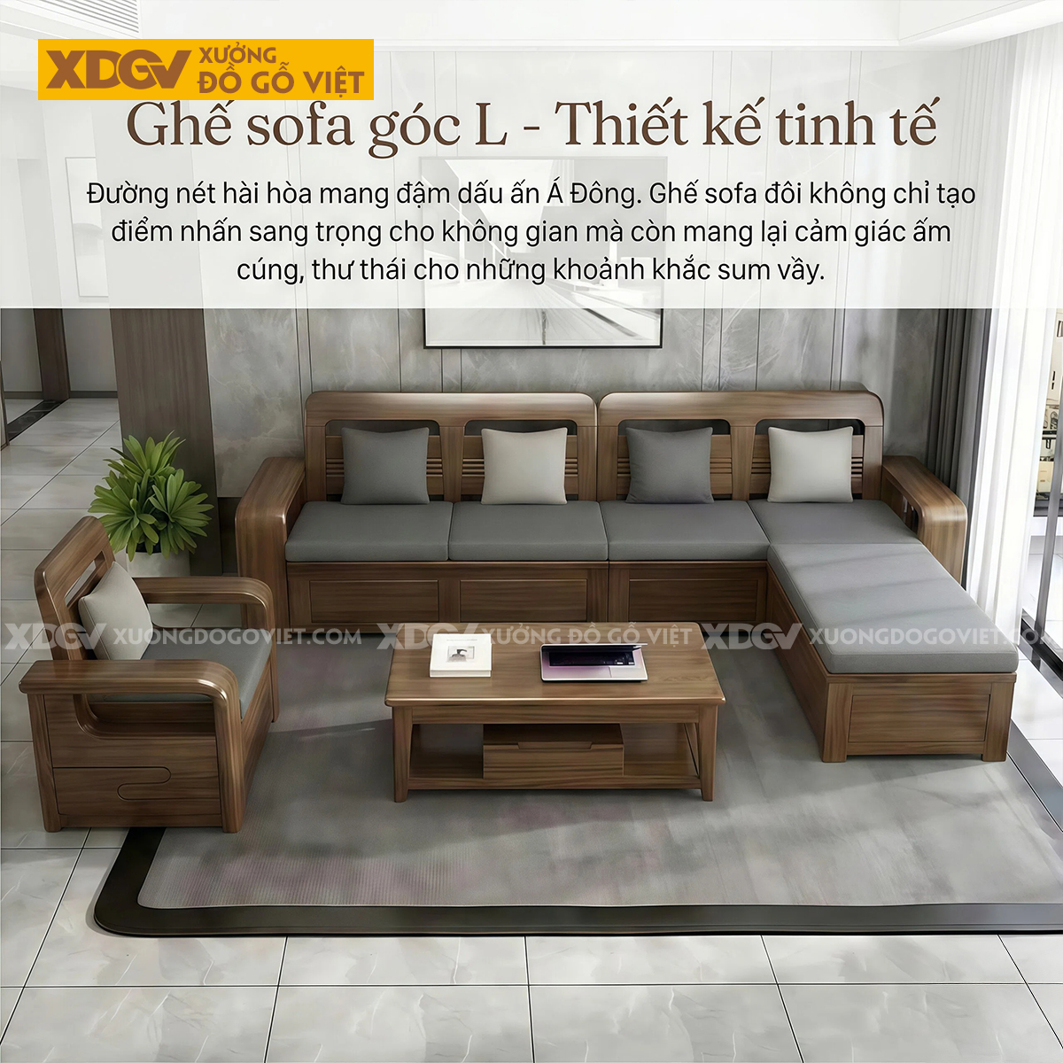 Sofa Gỗ Sồi 4 Món Tay Bo Góc L Cho Nhà Phố Chung Cư