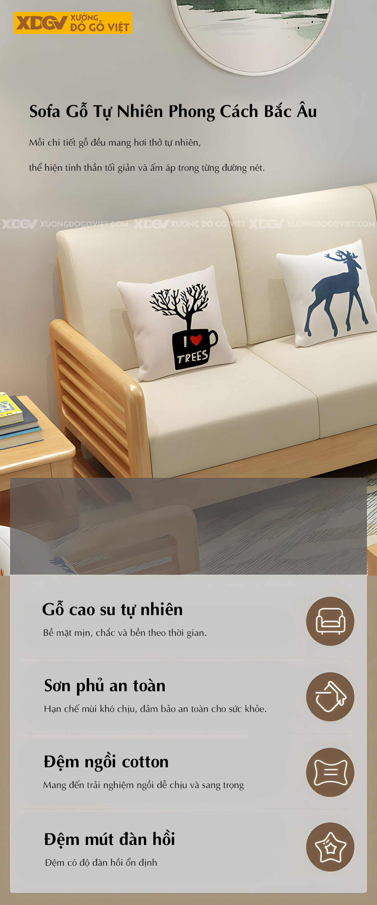 Sofa Phòng Khách Gỗ Cao Su Tay Vịn Nan Bo Tròn Góc Liền Chân