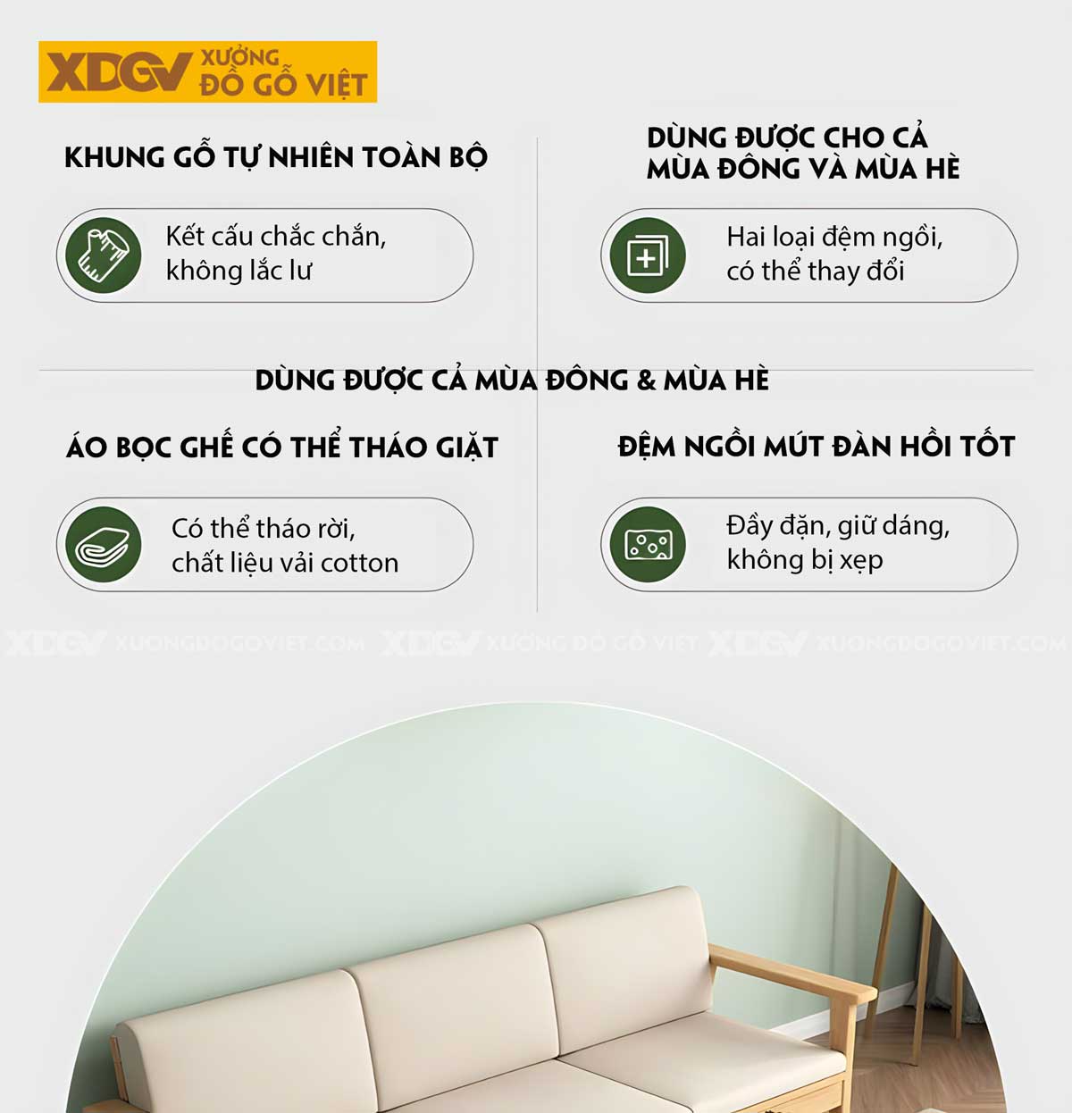 Sofa Phòng Khách Gỗ Sồi Thịt Tựa Thanh Nan Bọc Vải Cao Cấp