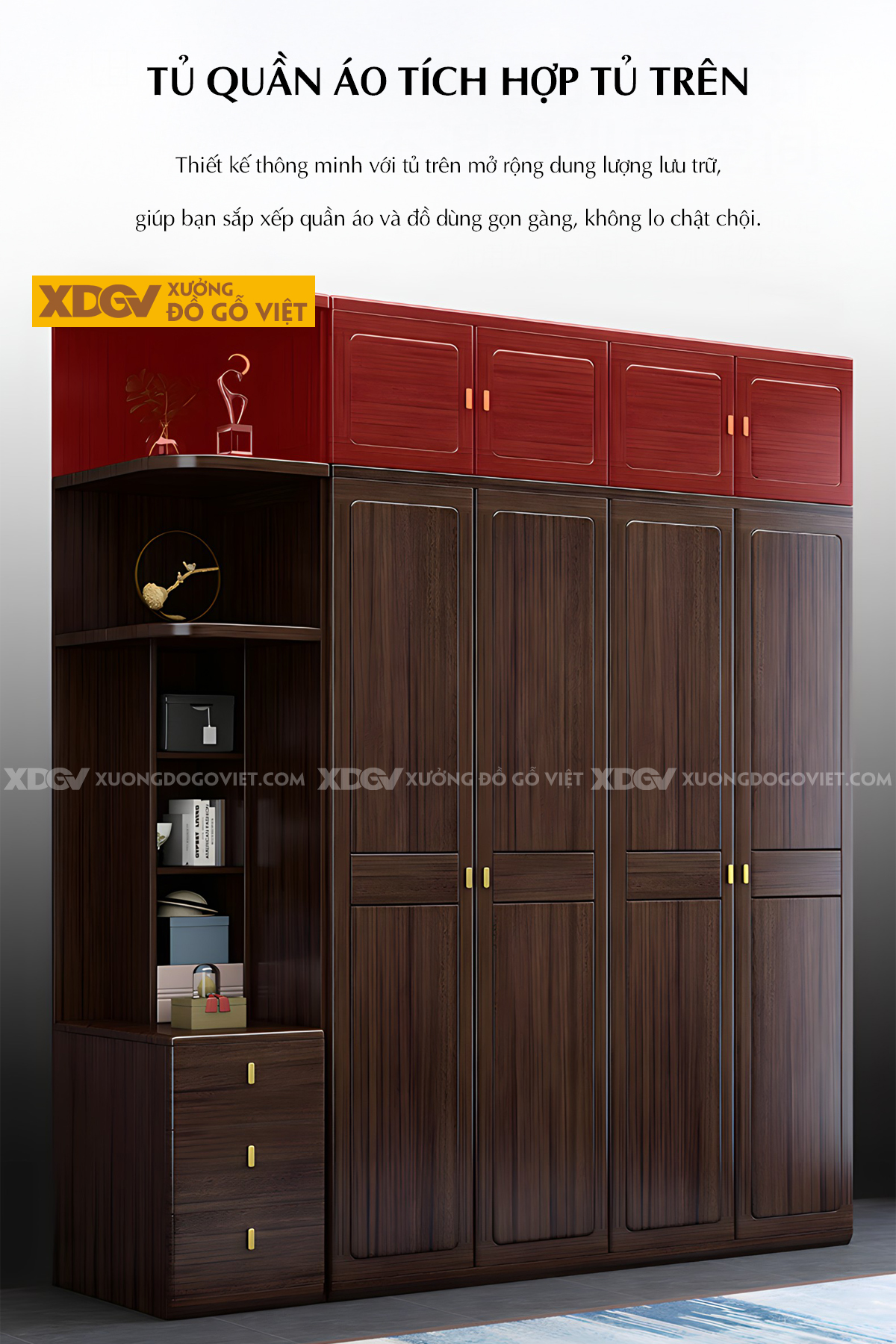 Tủ Áo 4 Cánh Gỗ Lim Khung Pano Bo Góc Tay Nắm Kim Loại Vàng