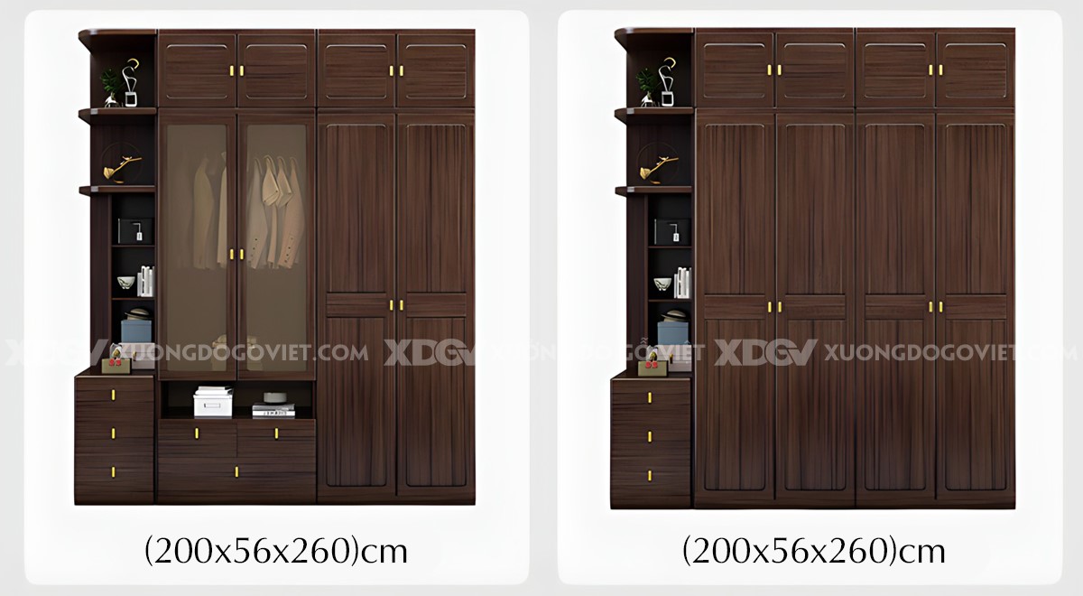 Tủ Áo 4 Cánh Gỗ Lim Khung Pano Bo Góc Tay Nắm Kim Loại Vàng