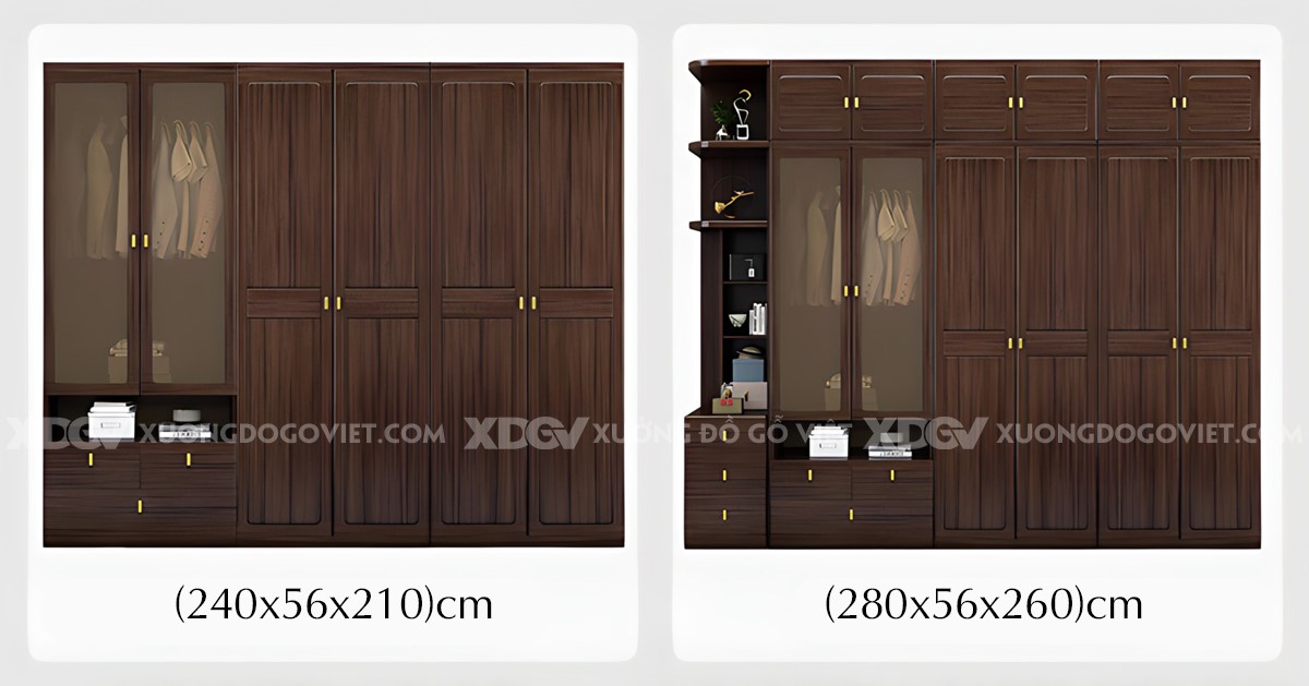 Tủ Áo 4 Cánh Gỗ Lim Khung Pano Bo Góc Tay Nắm Kim Loại Vàng