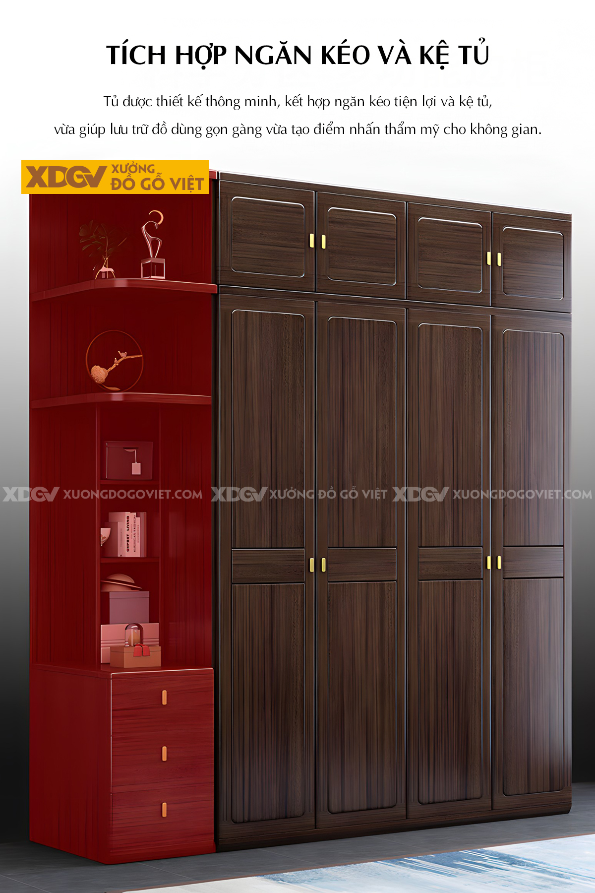 Tủ Áo 4 Cánh Gỗ Lim Khung Pano Bo Góc Tay Nắm Kim Loại Vàng