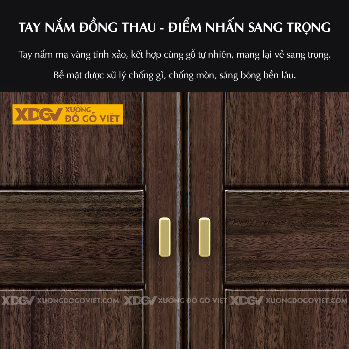 Tủ Áo 4 Cánh Gỗ Lim Khung Pano Bo Góc Tay Nắm Kim Loại Vàng