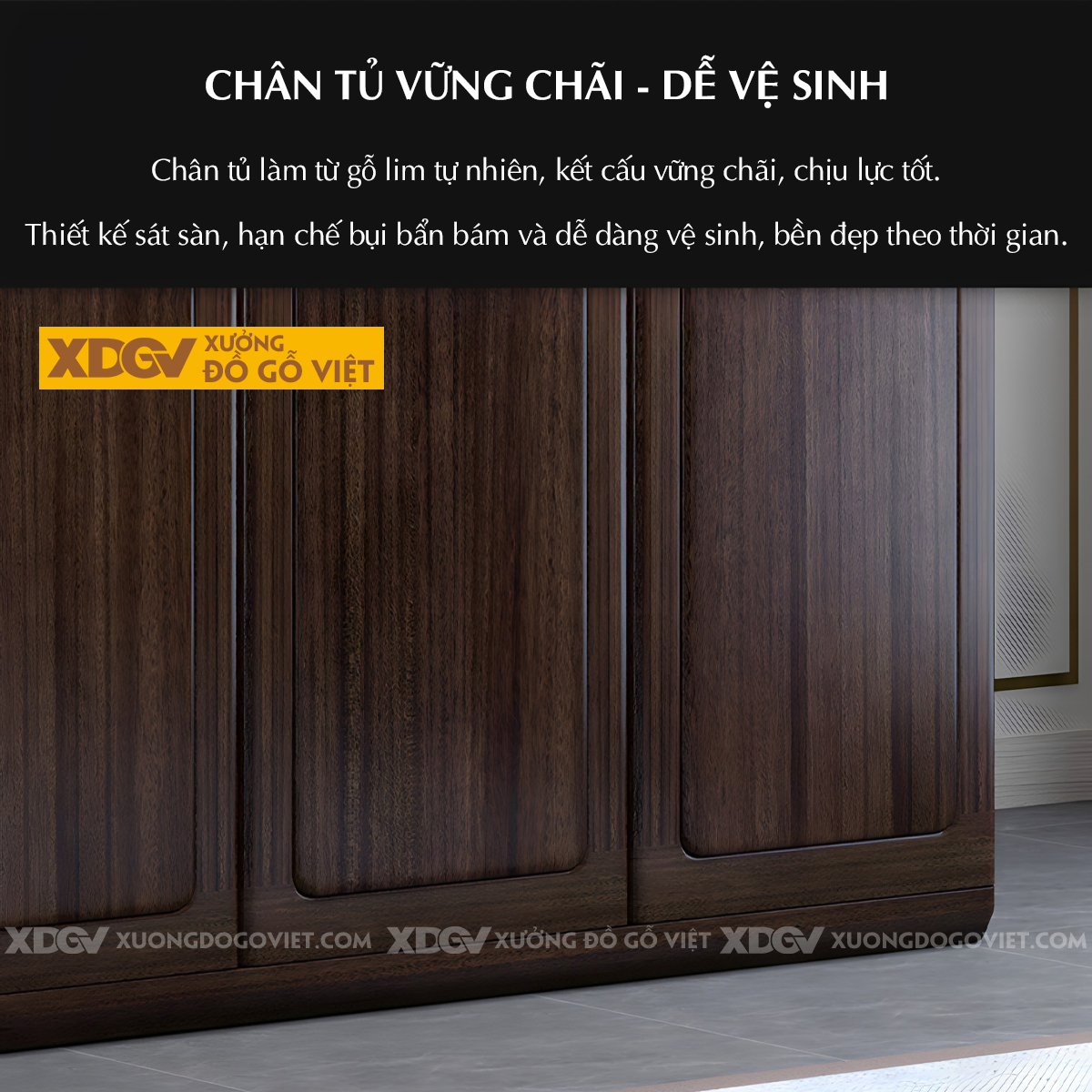 Tủ Áo 4 Cánh Gỗ Lim Khung Pano Bo Góc Tay Nắm Kim Loại Vàng