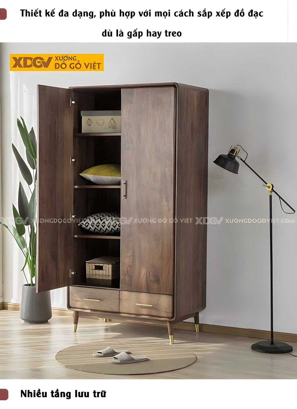 Tủ Áo Đẹp Veneer Óc Chó 2 Cánh Chân Cao Tay Nắm Kim Loại