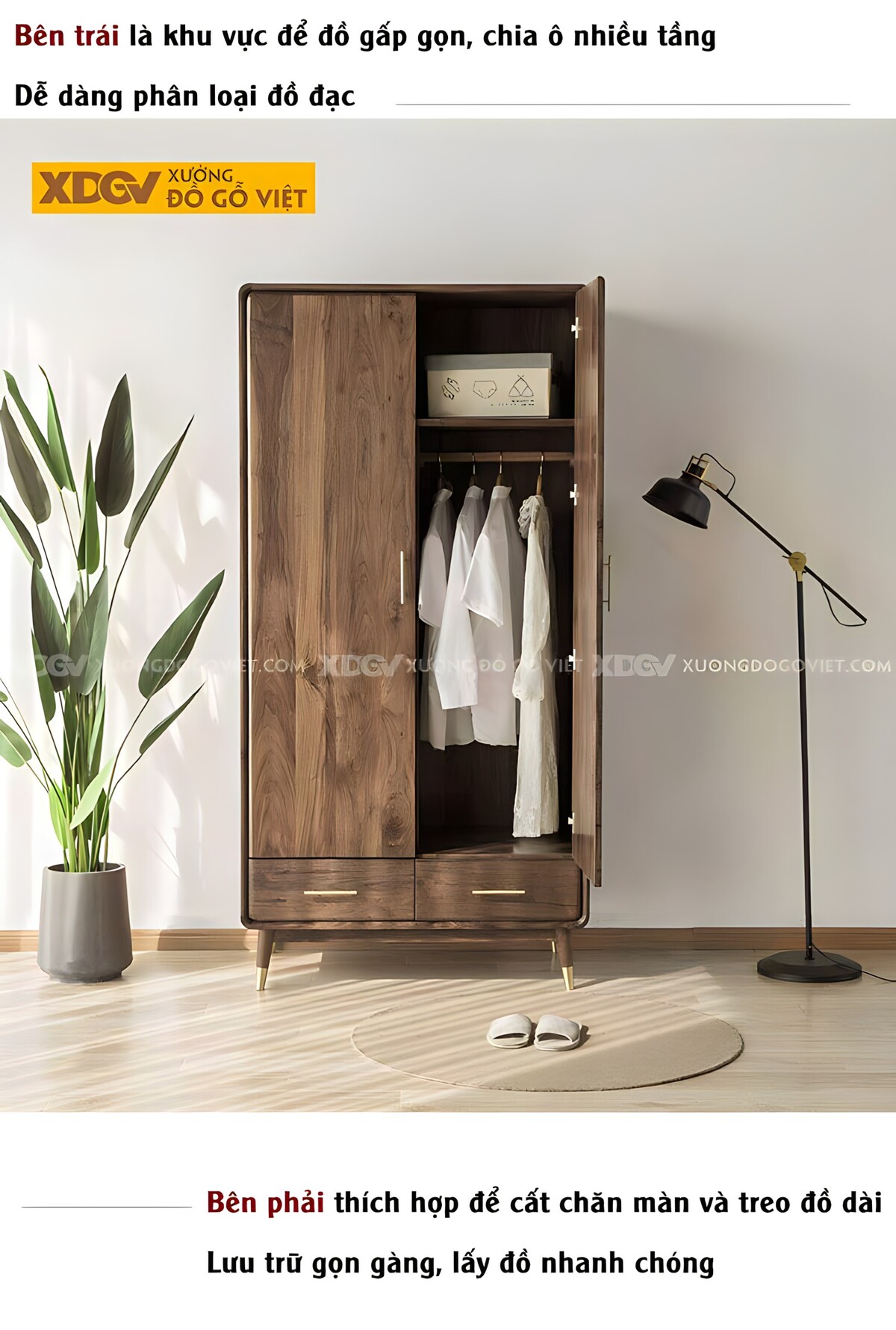 Tủ Áo Đẹp Veneer Óc Chó 2 Cánh Chân Cao Tay Nắm Kim Loại