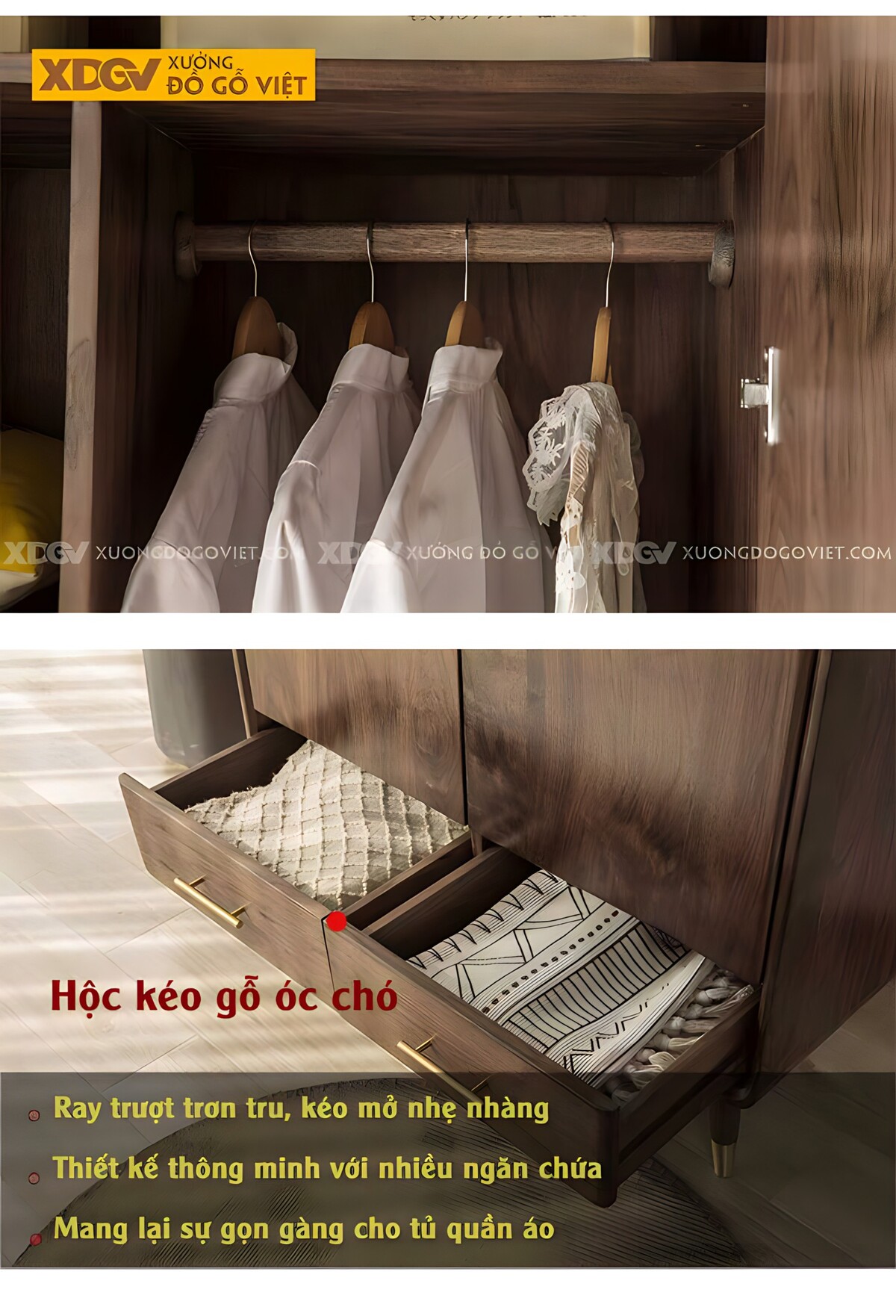 Tủ Áo Đẹp Veneer Óc Chó 2 Cánh Chân Cao Tay Nắm Kim Loại