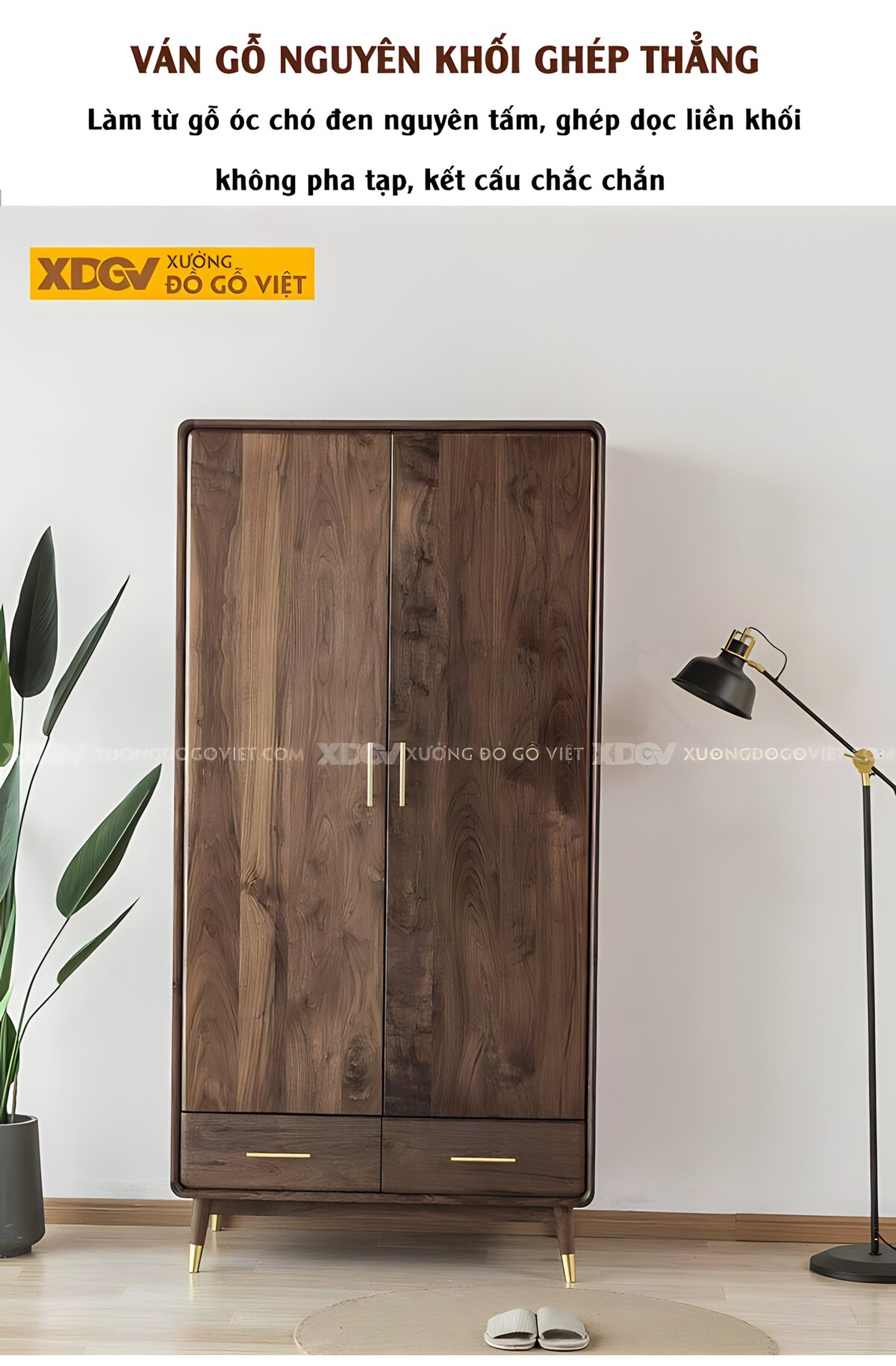 Tủ Áo Đẹp Veneer Óc Chó 2 Cánh Chân Cao Tay Nắm Kim Loại