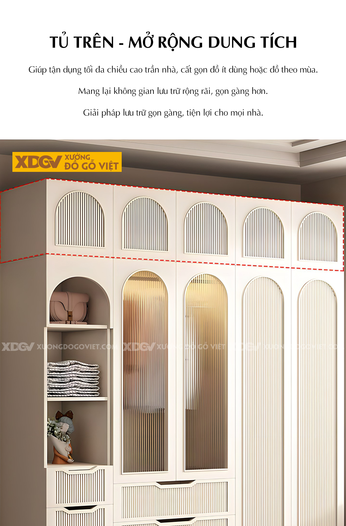 Tủ Áo Gỗ Cao Su Cánh Họa Tiết Vòm Sọc Dọc Có Kệ Trang Trí