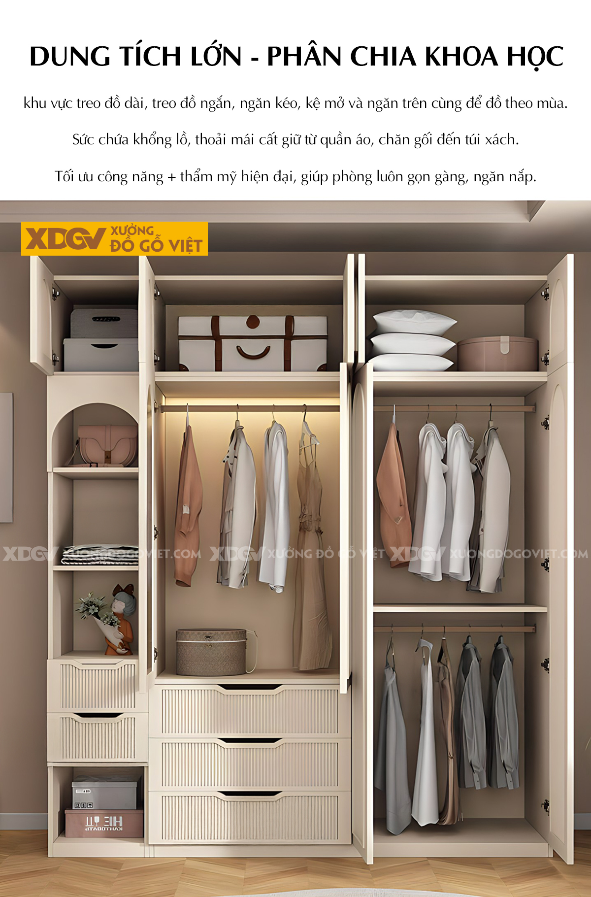 Tủ Áo Gỗ Cao Su Cánh Họa Tiết Vòm Sọc Dọc Có Kệ Trang Trí