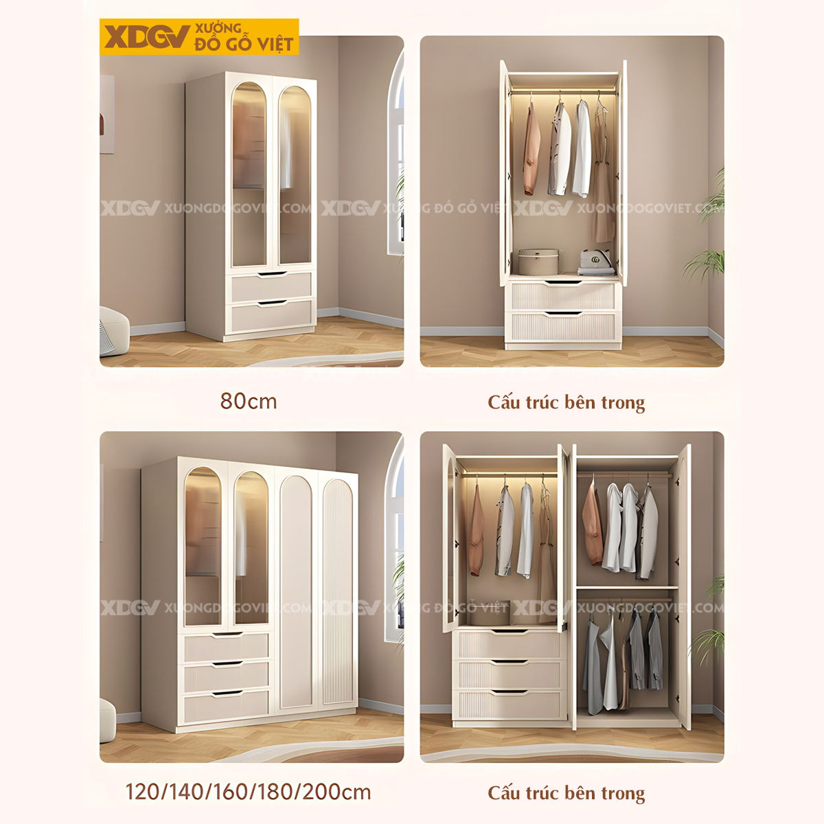 Tủ Áo Gỗ Cao Su Cánh Họa Tiết Vòm Sọc Dọc Có Kệ Trang Trí