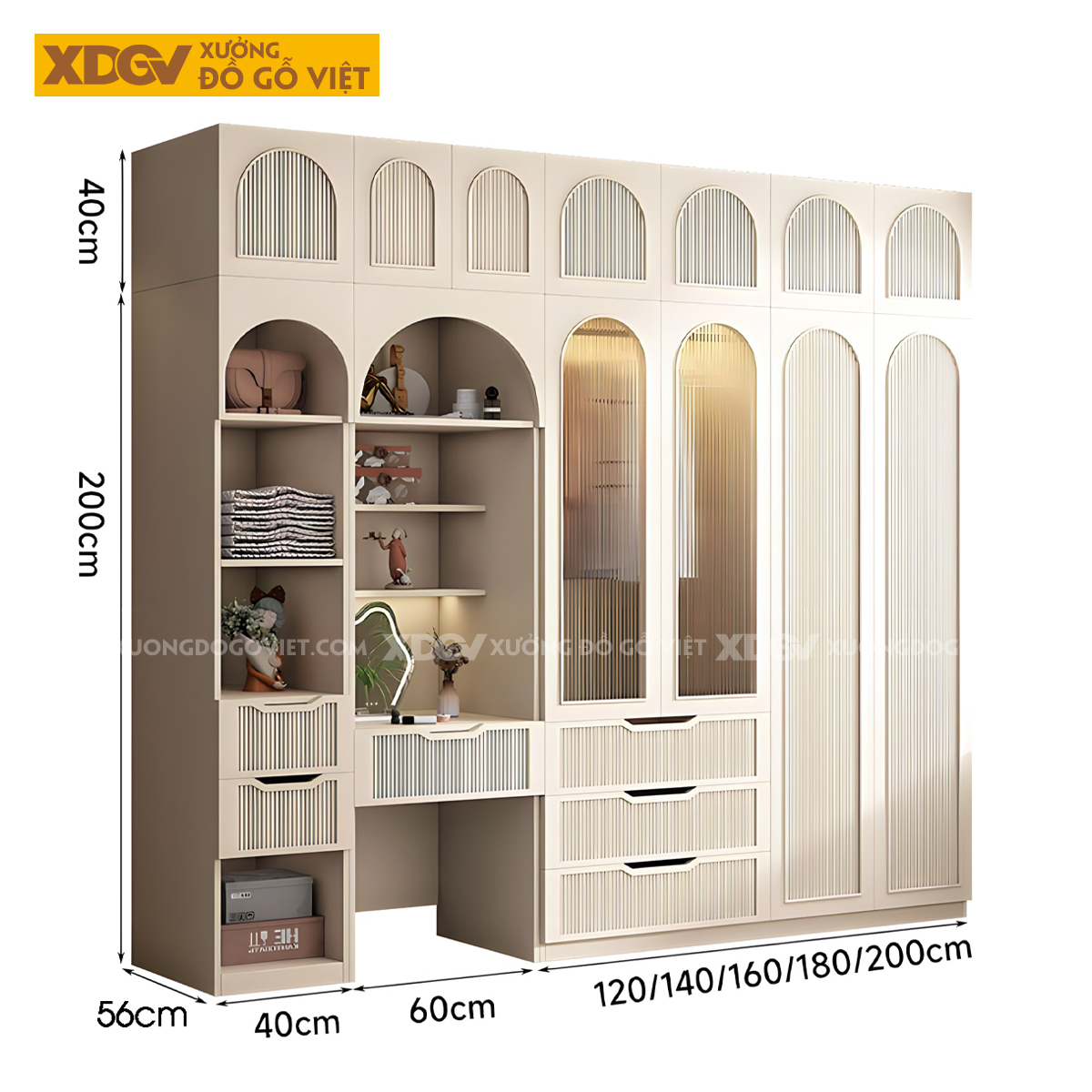 Tủ Áo Gỗ Cao Su Cánh Họa Tiết Vòm Sọc Dọc Có Kệ Trang Trí