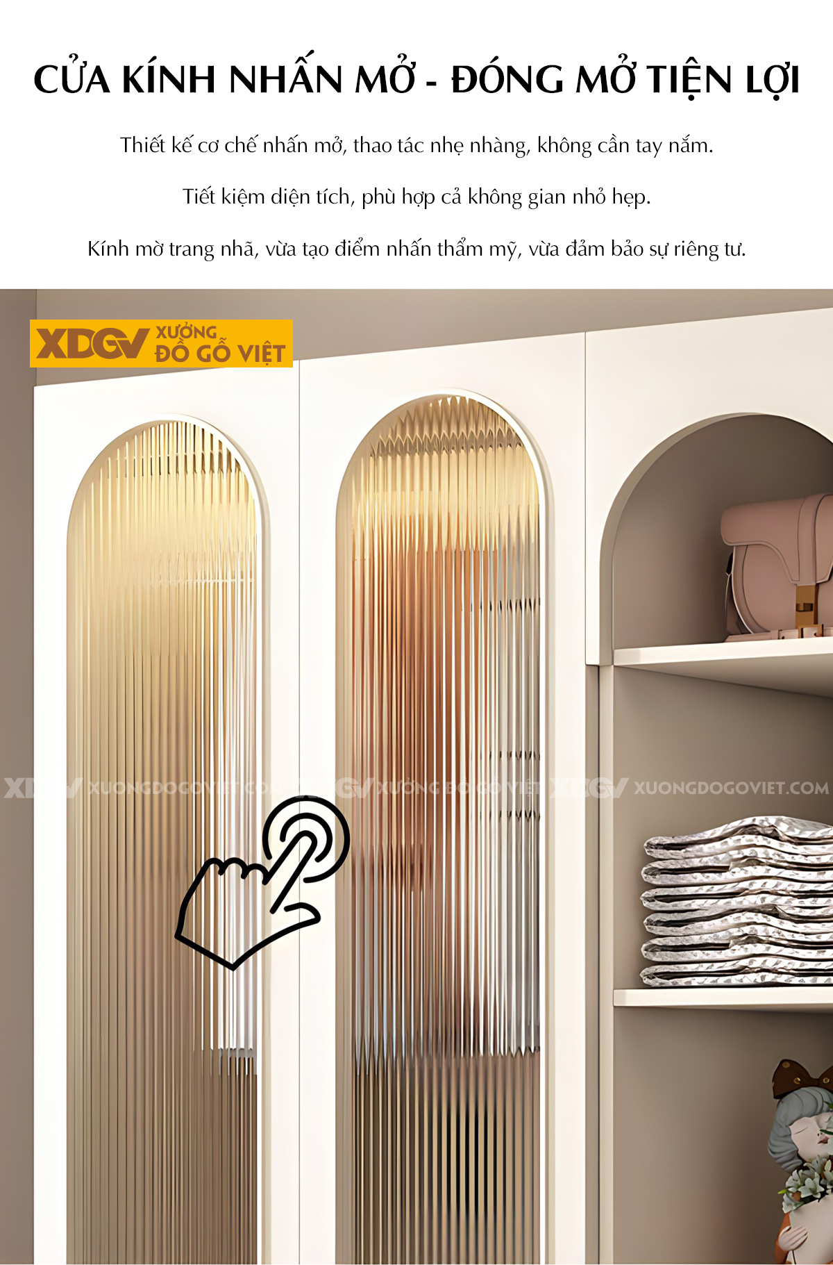Tủ Áo Gỗ Cao Su Cánh Họa Tiết Vòm Sọc Dọc Có Kệ Trang Trí