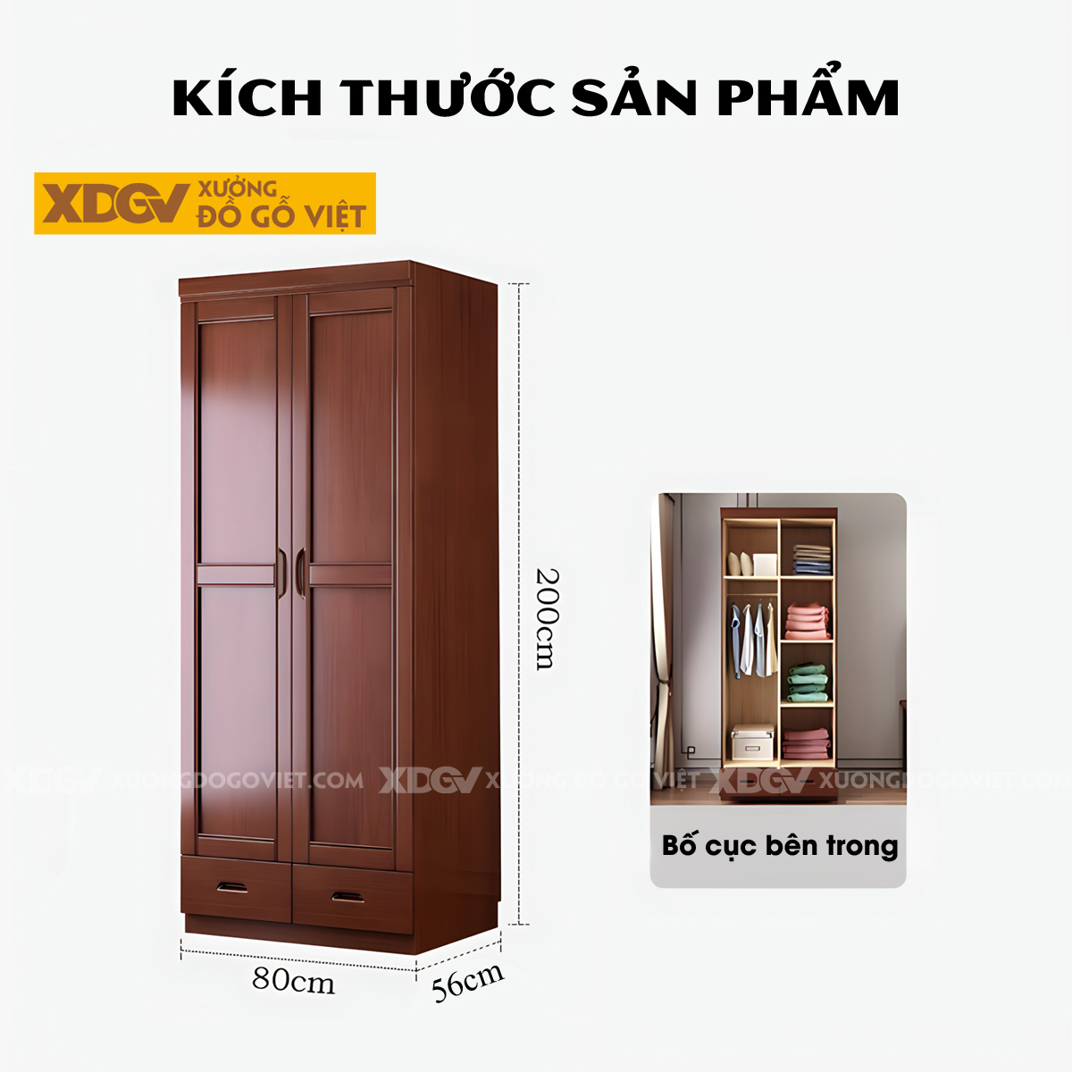 Tủ Áo Gỗ Cao Su Hiện Đại 2 Cánh Pano Tay Nắm Âm Bán Nguyệt