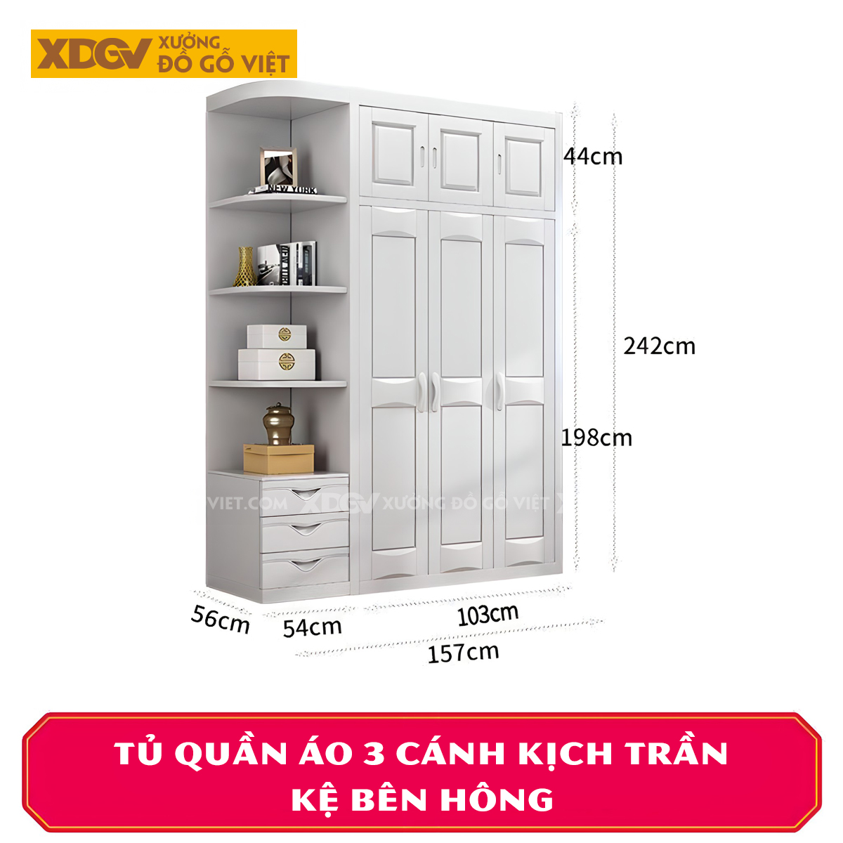 Tủ Áo Gỗ Cao Su Tân Cổ Điển Cánh Pano Soi Rãnh Đối Xứng
