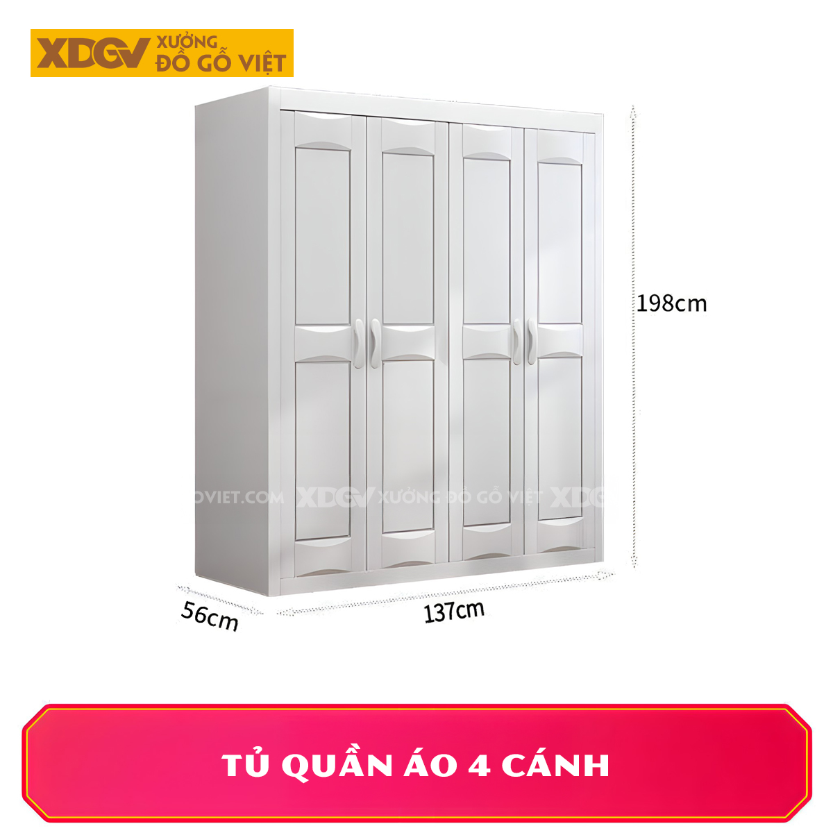 Tủ Áo Gỗ Cao Su Tân Cổ Điển Cánh Pano Soi Rãnh Đối Xứng
