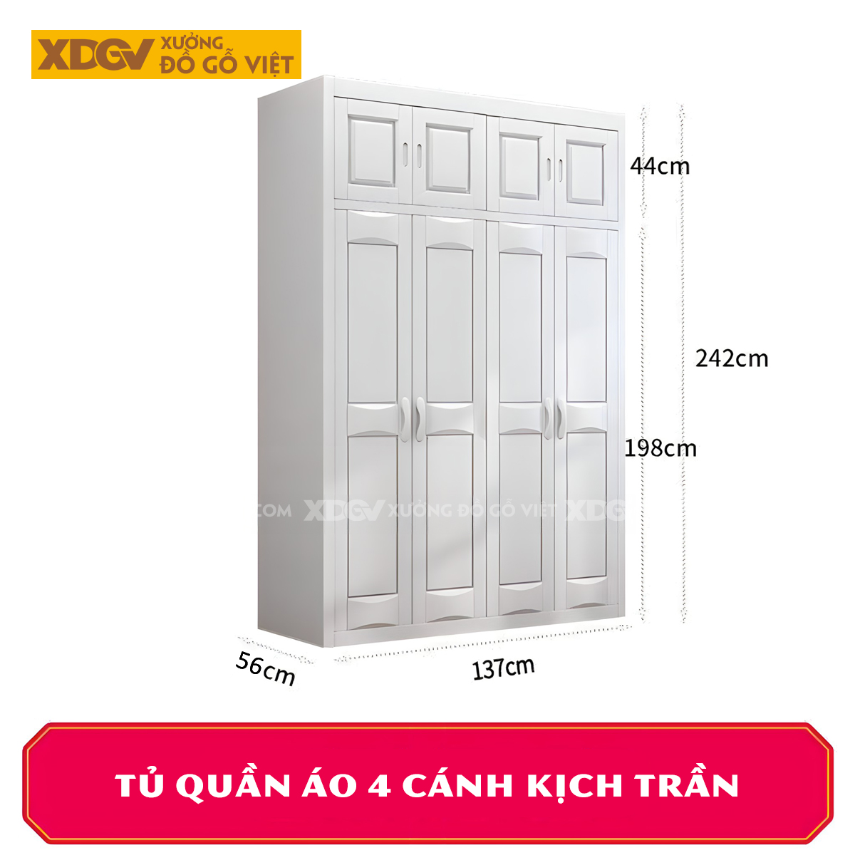 Tủ Áo Gỗ Cao Su Tân Cổ Điển Cánh Pano Soi Rãnh Đối Xứng