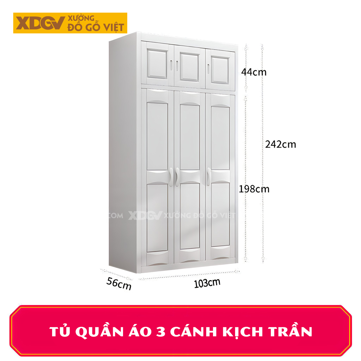 Tủ Áo Gỗ Cao Su Tân Cổ Điển Cánh Pano Soi Rãnh Đối Xứng