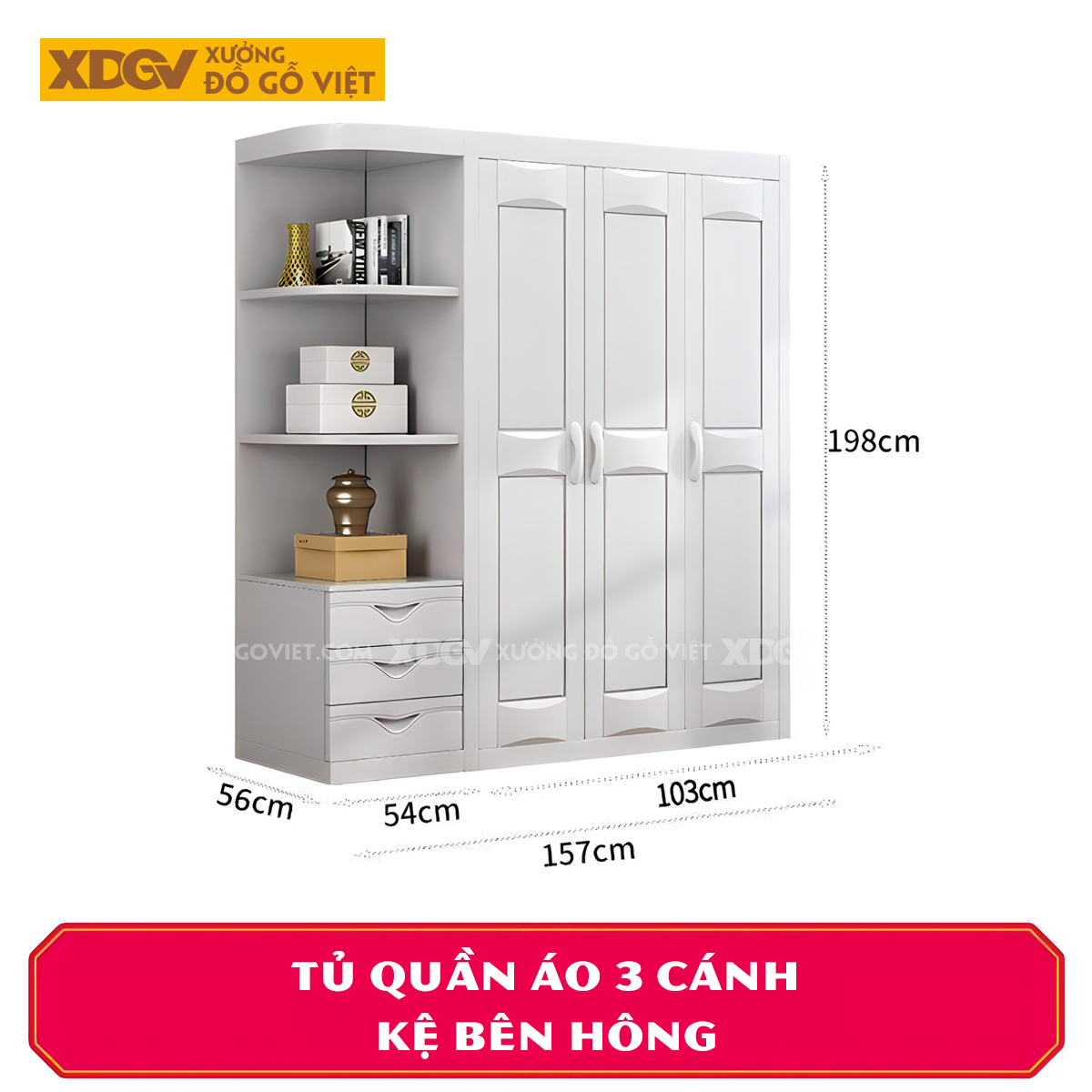 Tủ Áo Gỗ Cao Su Tân Cổ Điển Cánh Pano Soi Rãnh Đối Xứng