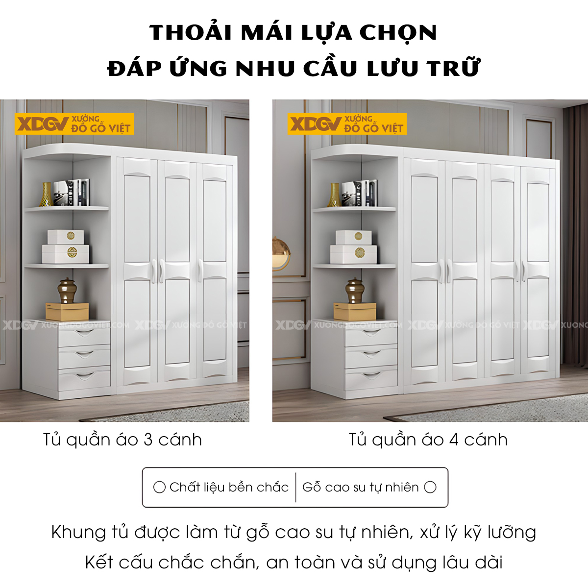 Tủ Áo Gỗ Cao Su Tân Cổ Điển Cánh Pano Soi Rãnh Đối Xứng