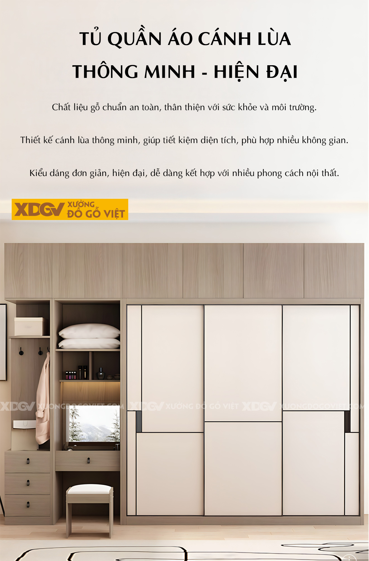 Tủ Áo Gỗ Công Nghiệp Dạng Hộp Cửa Lùa 3 Cánh Linh Hoạt