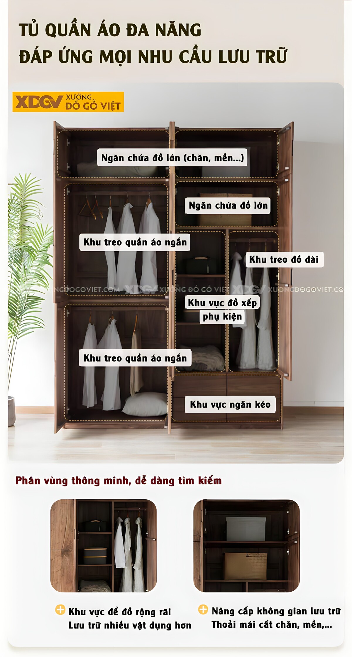 Tủ Áo Gỗ Óc Chó Hiện Đại Đa Năng Nhiều Ngăn Chứa Tay Nắm Âm
