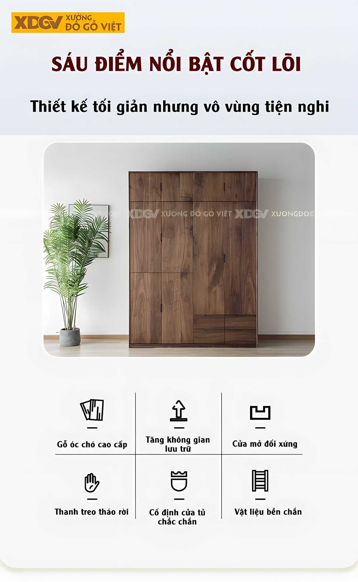 Tủ Áo Gỗ Óc Chó Hiện Đại Đa Năng Nhiều Ngăn Chứa Tay Nắm Âm