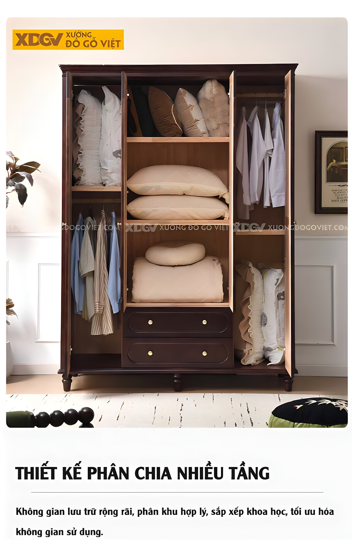 Tủ Áo Gỗ Óc Chó Tân Cổ Điển 4 Cánh Vòm Cong 6 Chân Tiện