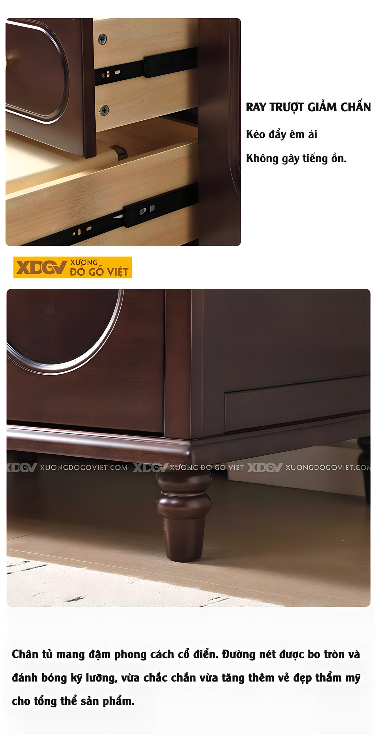 Tủ Áo Gỗ Óc Chó Tân Cổ Điển 4 Cánh Vòm Cong 6 Chân Tiện