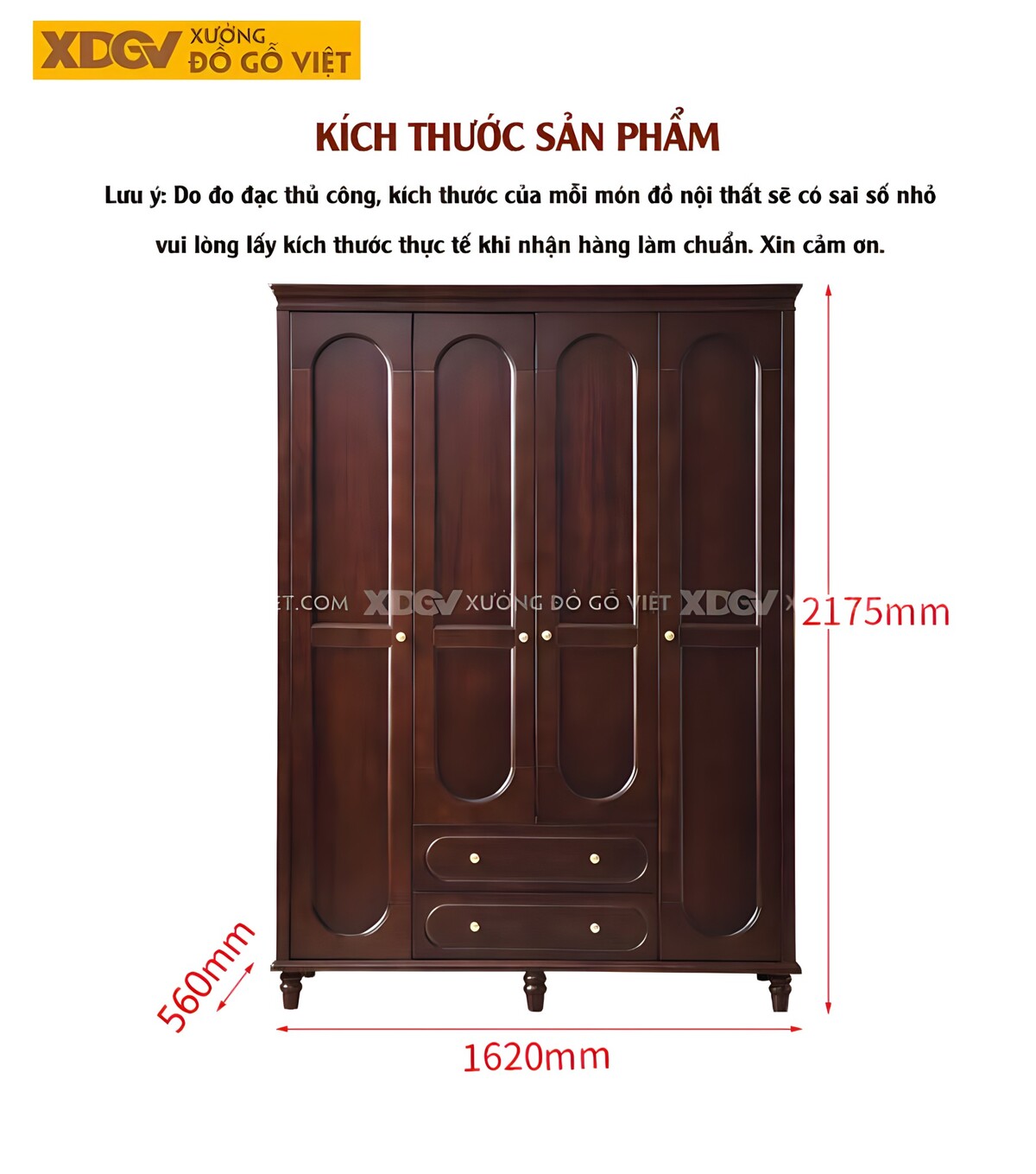 Tủ Áo Gỗ Óc Chó Tân Cổ Điển 4 Cánh Vòm Cong 6 Chân Tiện