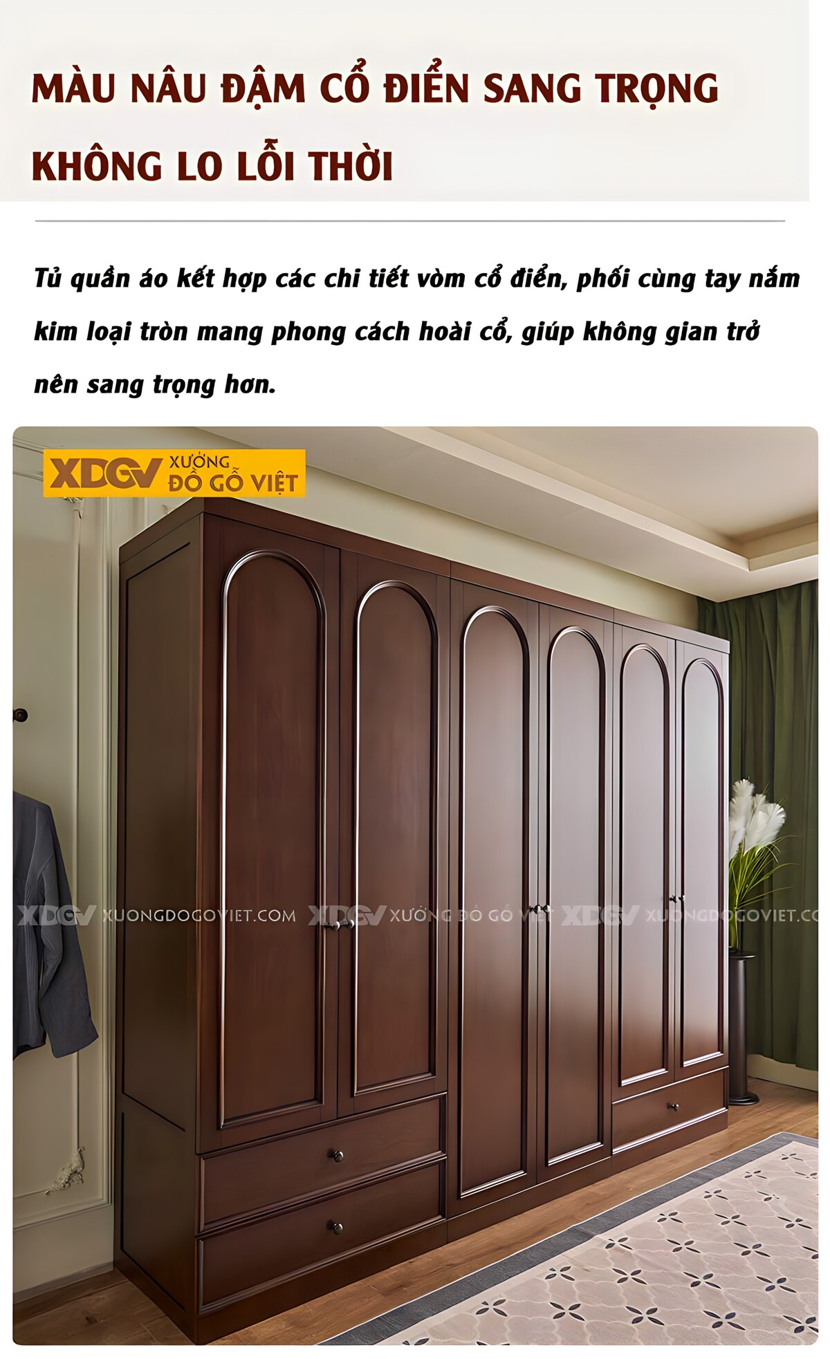 Tủ Áo Gỗ Óc Chó Thịt 6 Cánh Vòm Trên Tích Hợp Ngăn Kéo