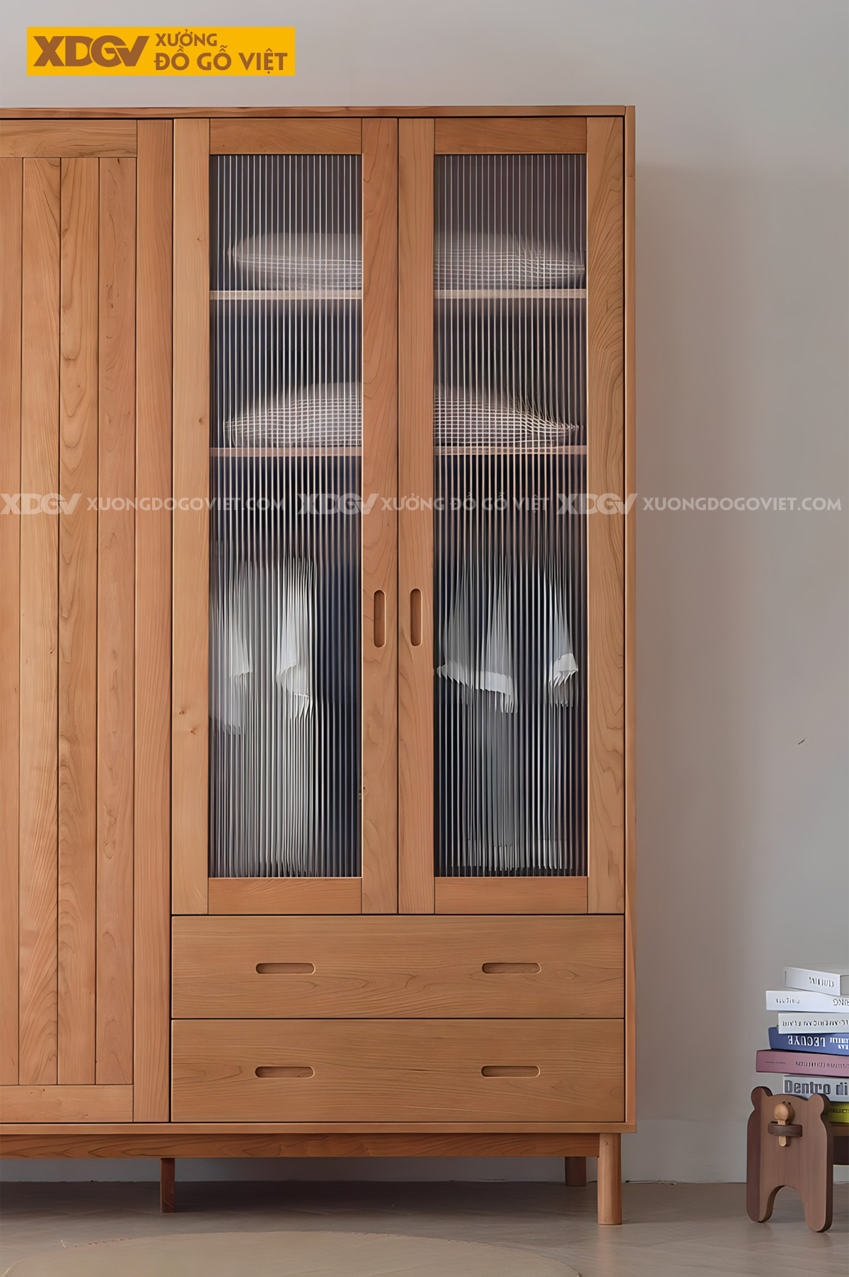 Tủ Áo Gỗ Sồi Hiện Đại Cánh Khung Tranh Dát Nan Kín Tay Âm