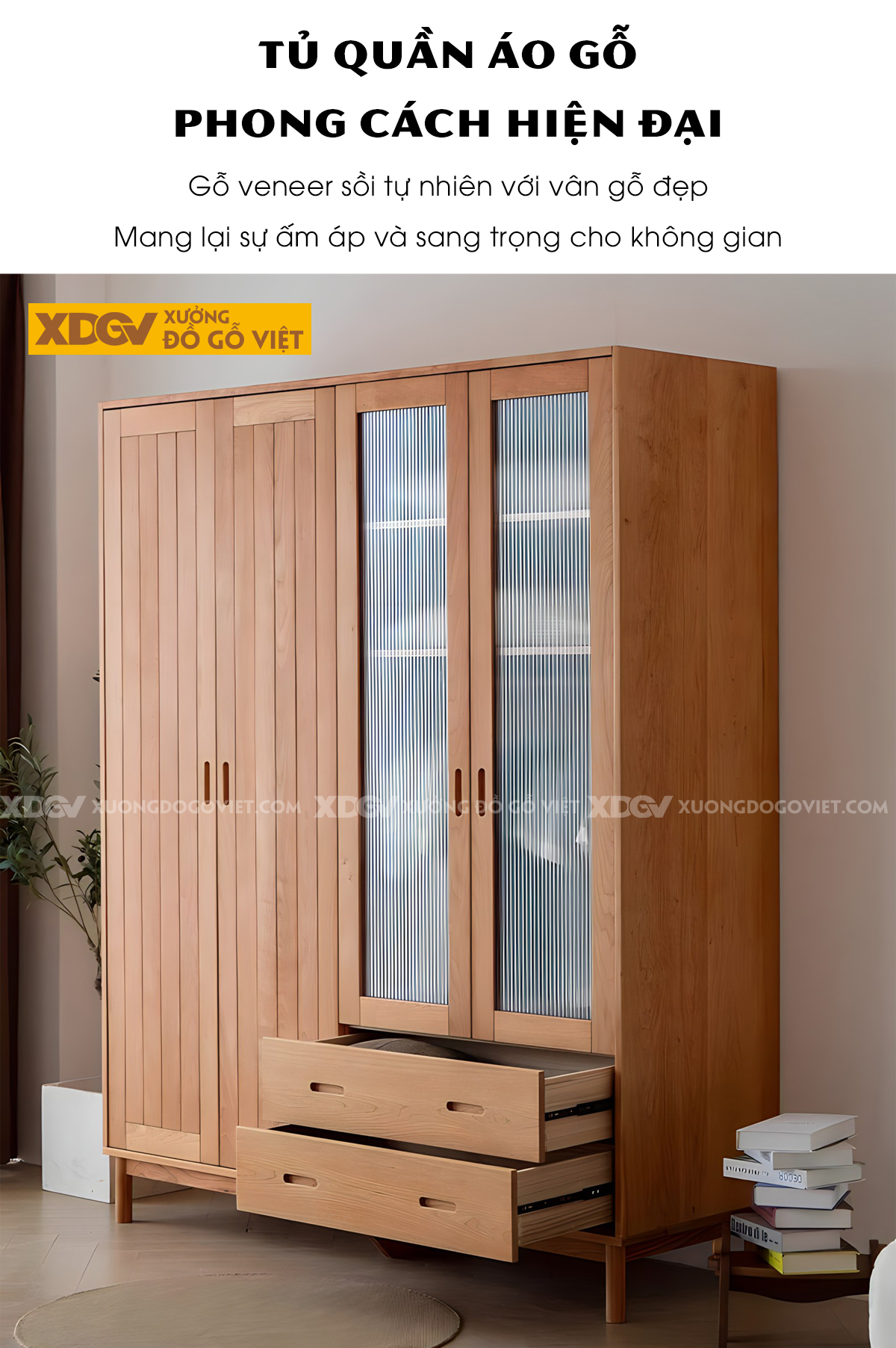 Tủ Áo Gỗ Sồi Hiện Đại Cánh Khung Tranh Dát Nan Kín Tay Âm
