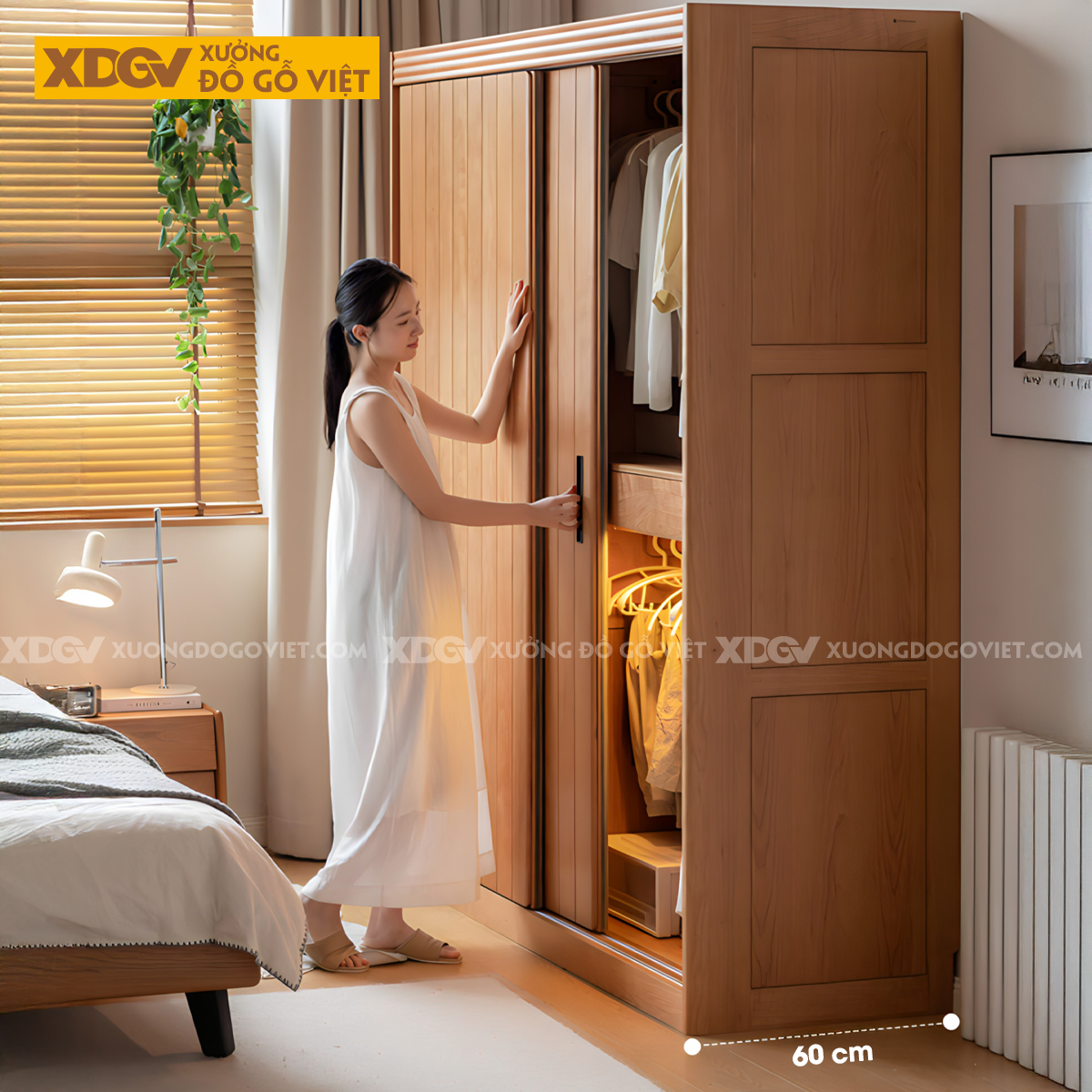 Tủ Áo Gỗ Sồi Tối Giản Cửa Lùa Cánh Thanh Nan Kín Tay Âm