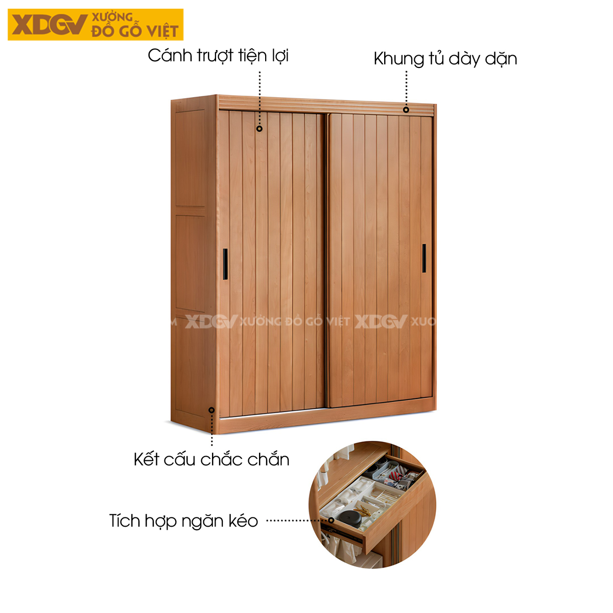Tủ Áo Gỗ Sồi Tối Giản Cửa Lùa Cánh Thanh Nan Kín Tay Âm
