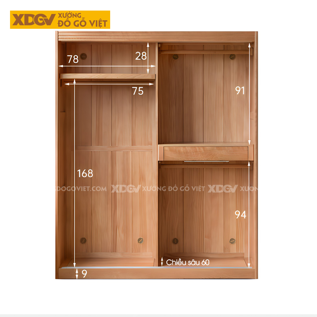 Tủ Áo Gỗ Sồi Tối Giản Cửa Lùa Cánh Thanh Nan Kín Tay Âm