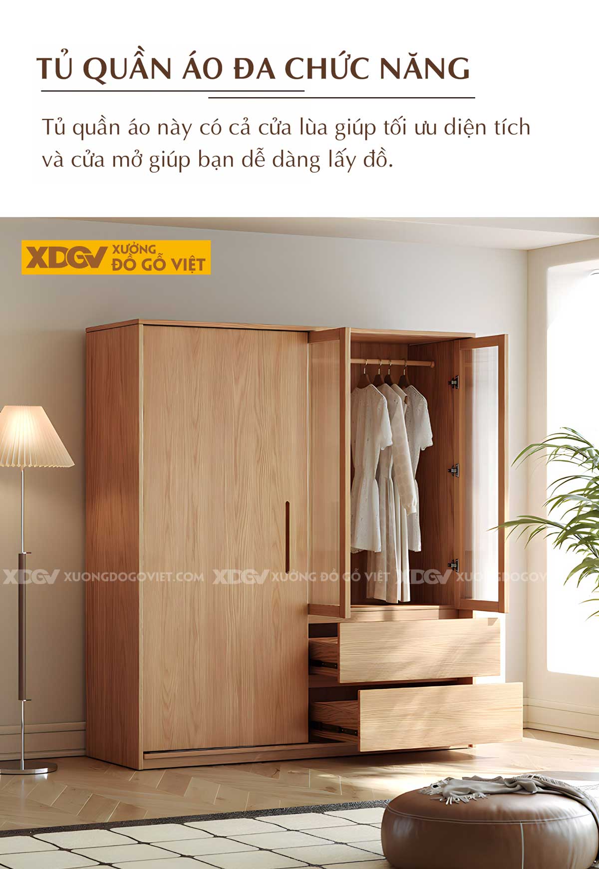 Tủ Áo Gỗ Veener Sồi Hiện Đại Cửa Lùa Cánh Kính Mờ Khung Gỗ