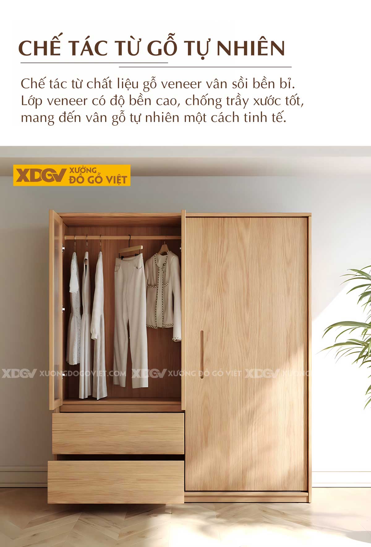 Tủ Áo Gỗ Veener Sồi Hiện Đại Cửa Lùa Cánh Kính Mờ Khung Gỗ