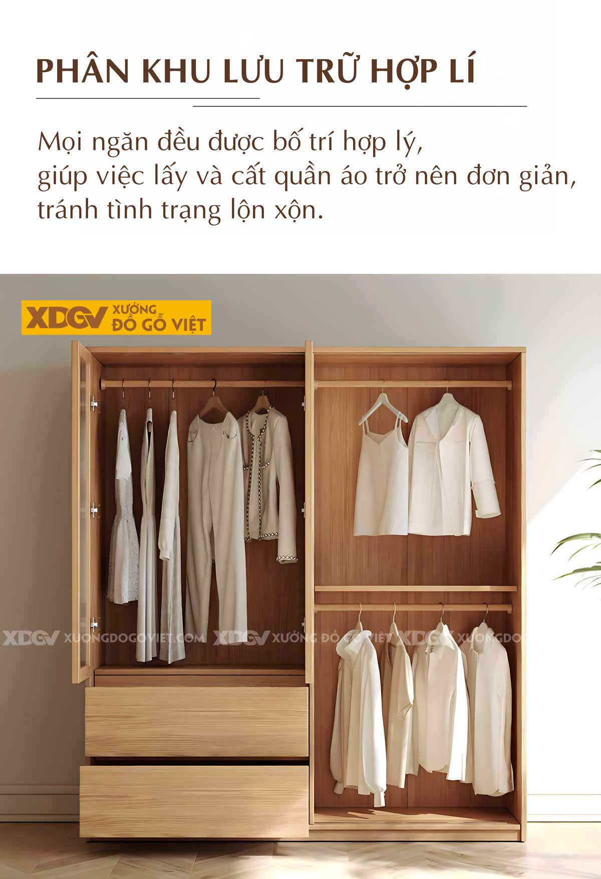 Tủ Áo Gỗ Veener Sồi Hiện Đại Cửa Lùa Cánh Kính Mờ Khung Gỗ